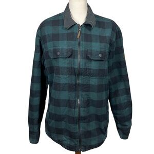 Eddie Bauer Outdoor Classic Fit Green Black Plaid Flannel Jacket Sherpa Lined